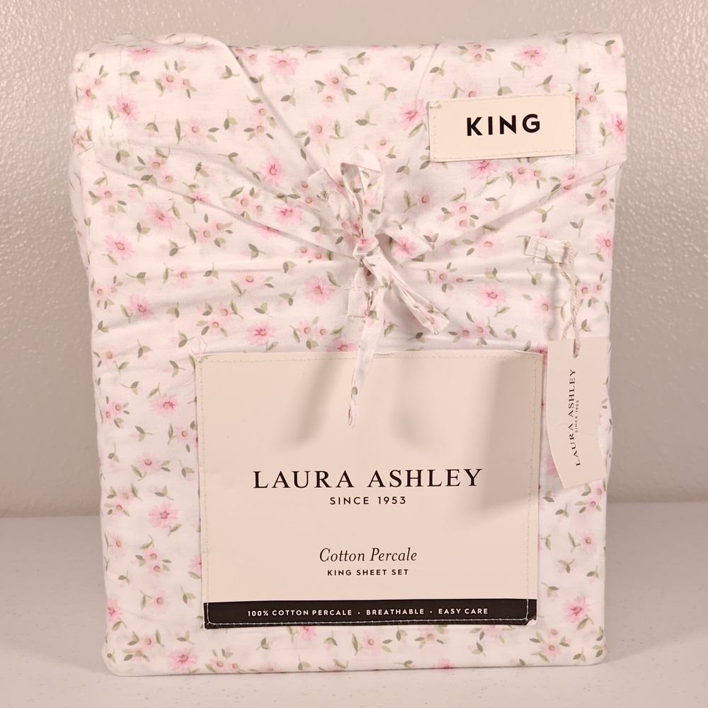 New LAURA ASHLEY King Sheet Set Little Ditsy Pink Floral Cotton Percale 4-Piece